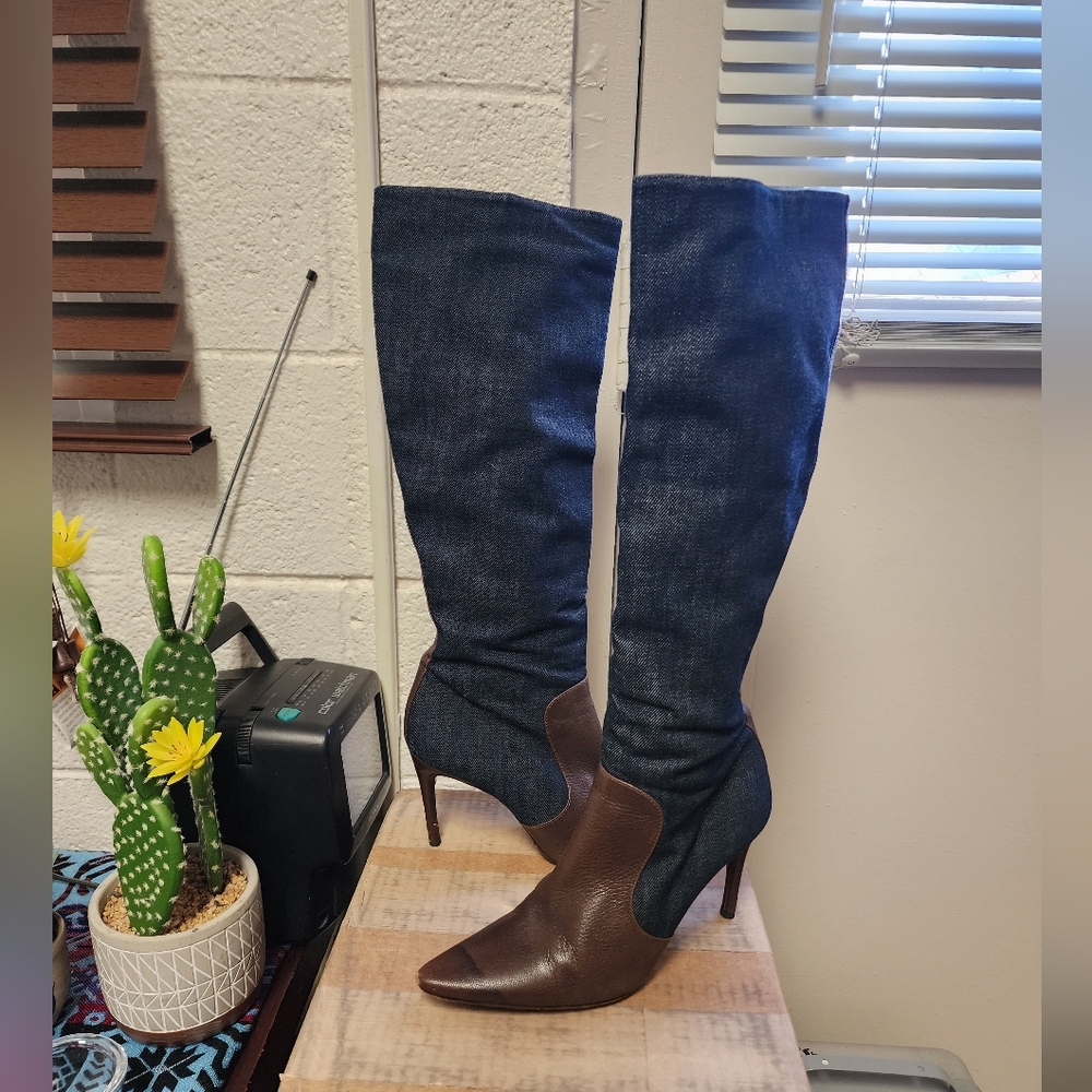 Vintage Dolce & Gabbana Denim with brown leather knee high boots size 37.5
